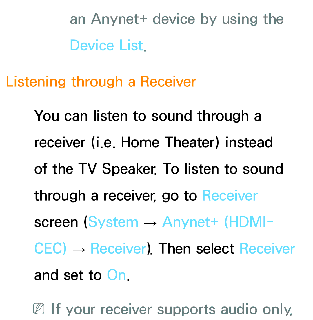 Samsung PN64E8000 manual An Anynet+ device by using the Device List, Listening through a Receiver 