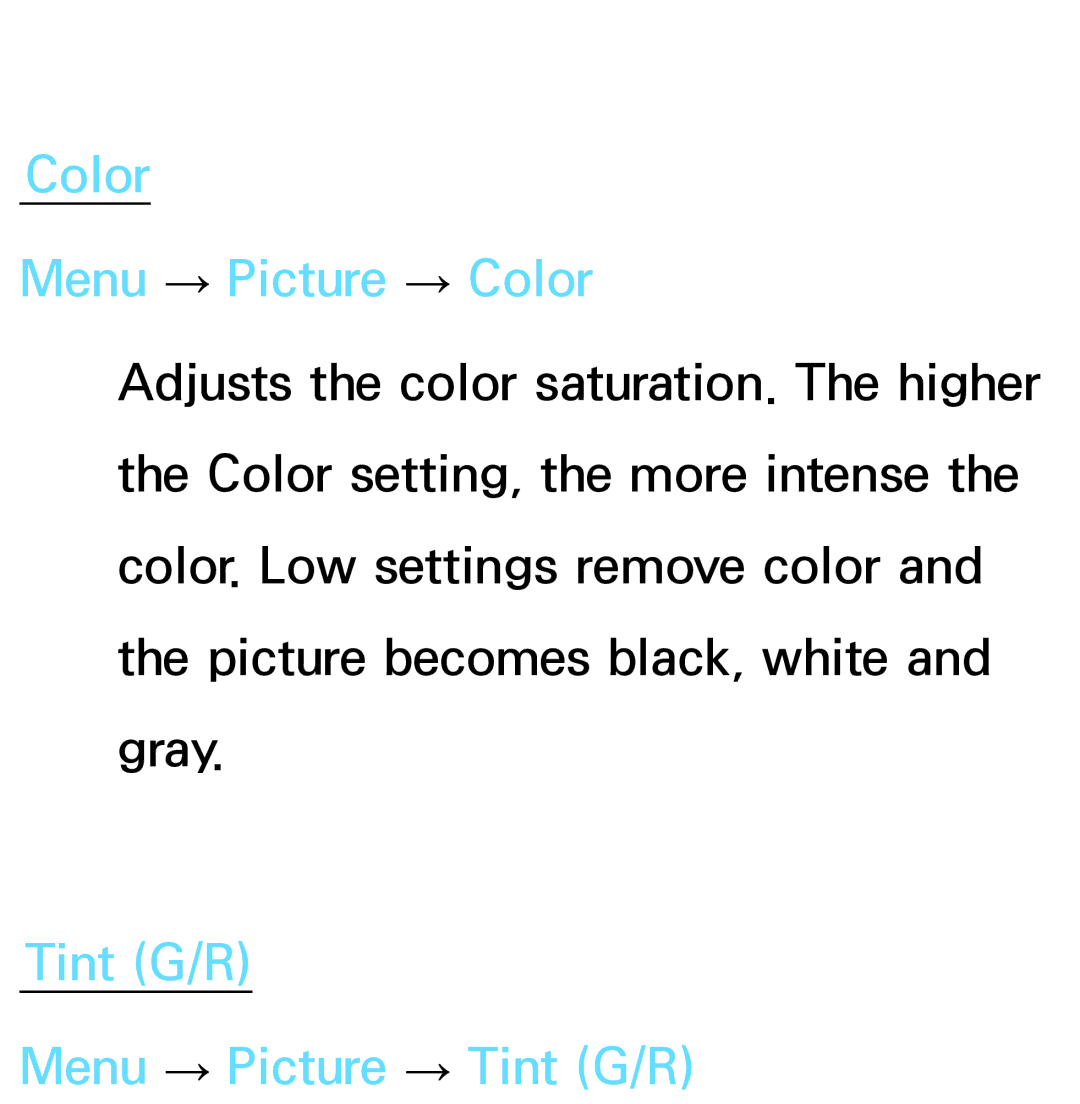 Samsung PN64E8000 manual Color Menu → Picture → Color, Tint G/R Menu → Picture → Tint G/R 