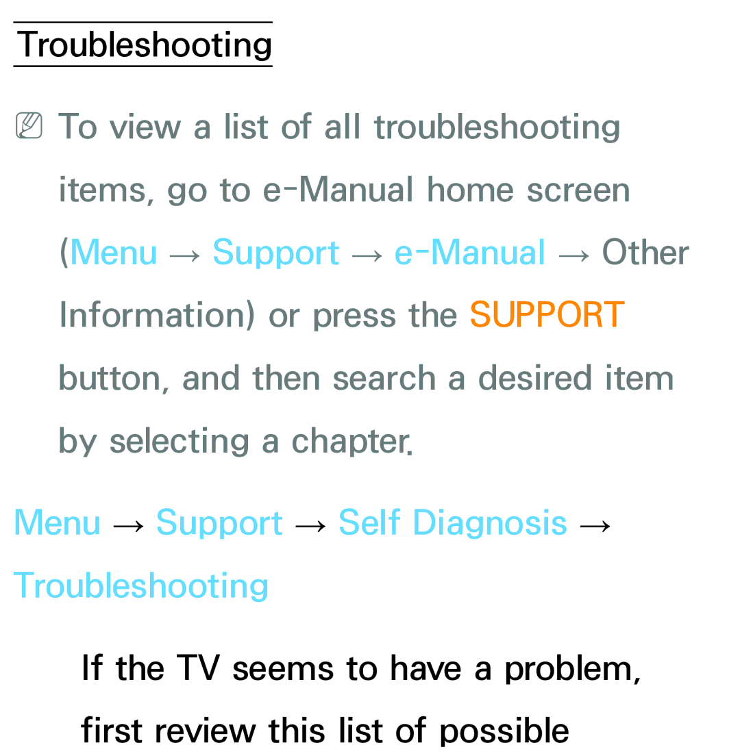 Samsung PN64E8000 manual Menu → Support → Self Diagnosis → Troubleshooting 