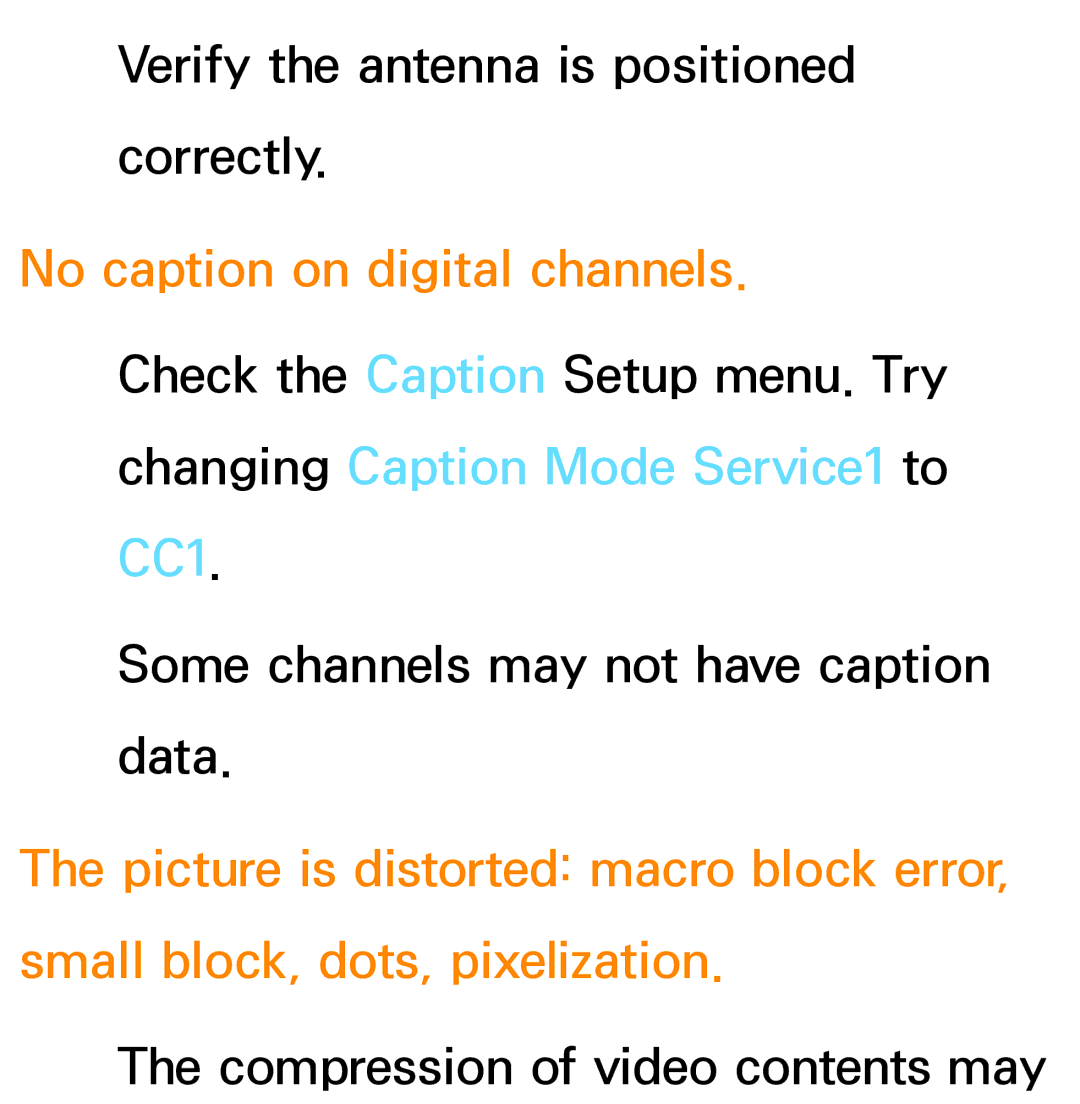 Samsung PN64E8000 manual No caption on digital channels 