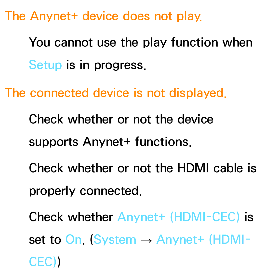 Samsung PN64E8000 manual Anynet+ device does not play, Connected device is not displayed 