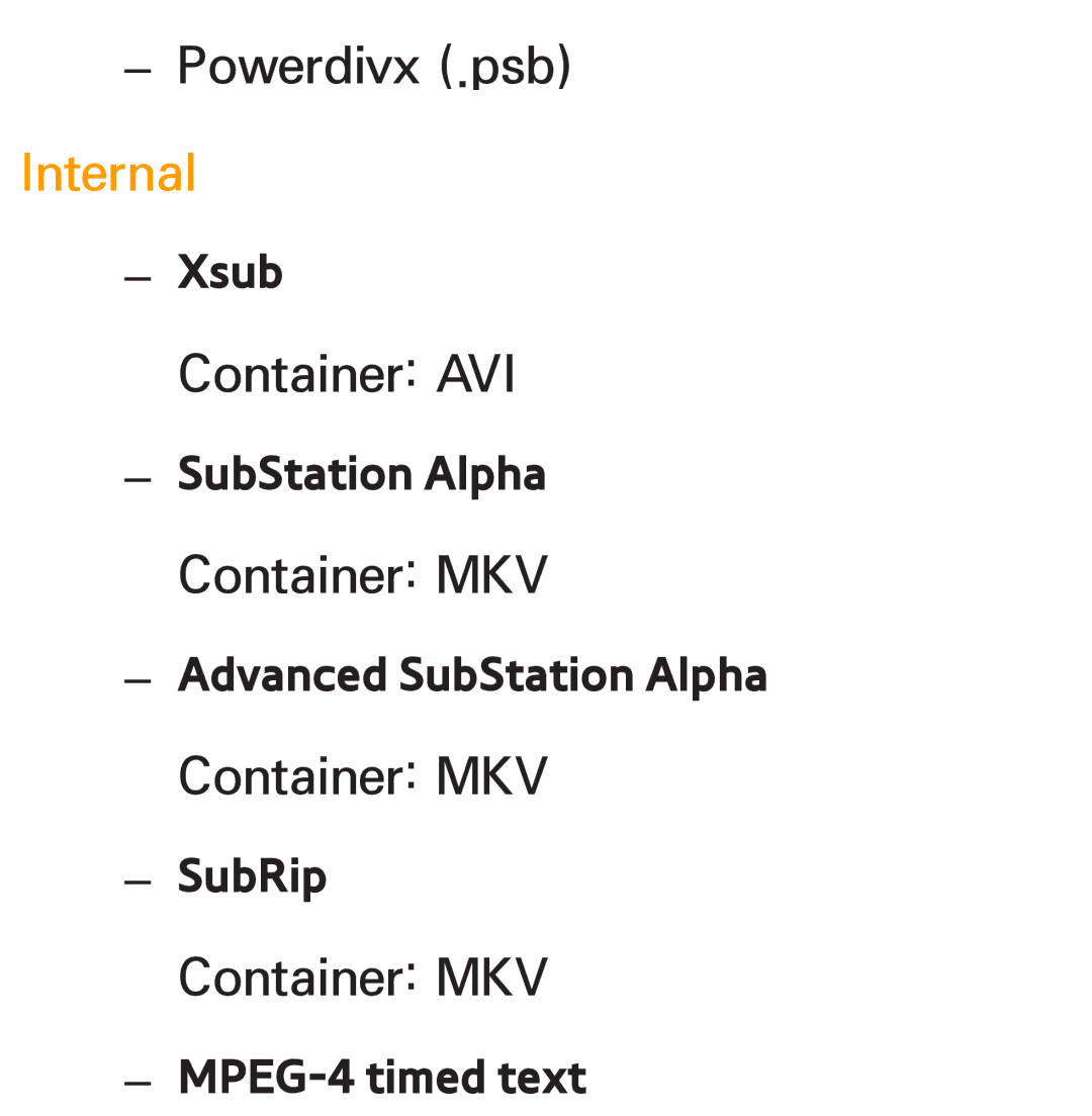 Samsung PN64E8000 manual Internal, MPEG-4 timed text 