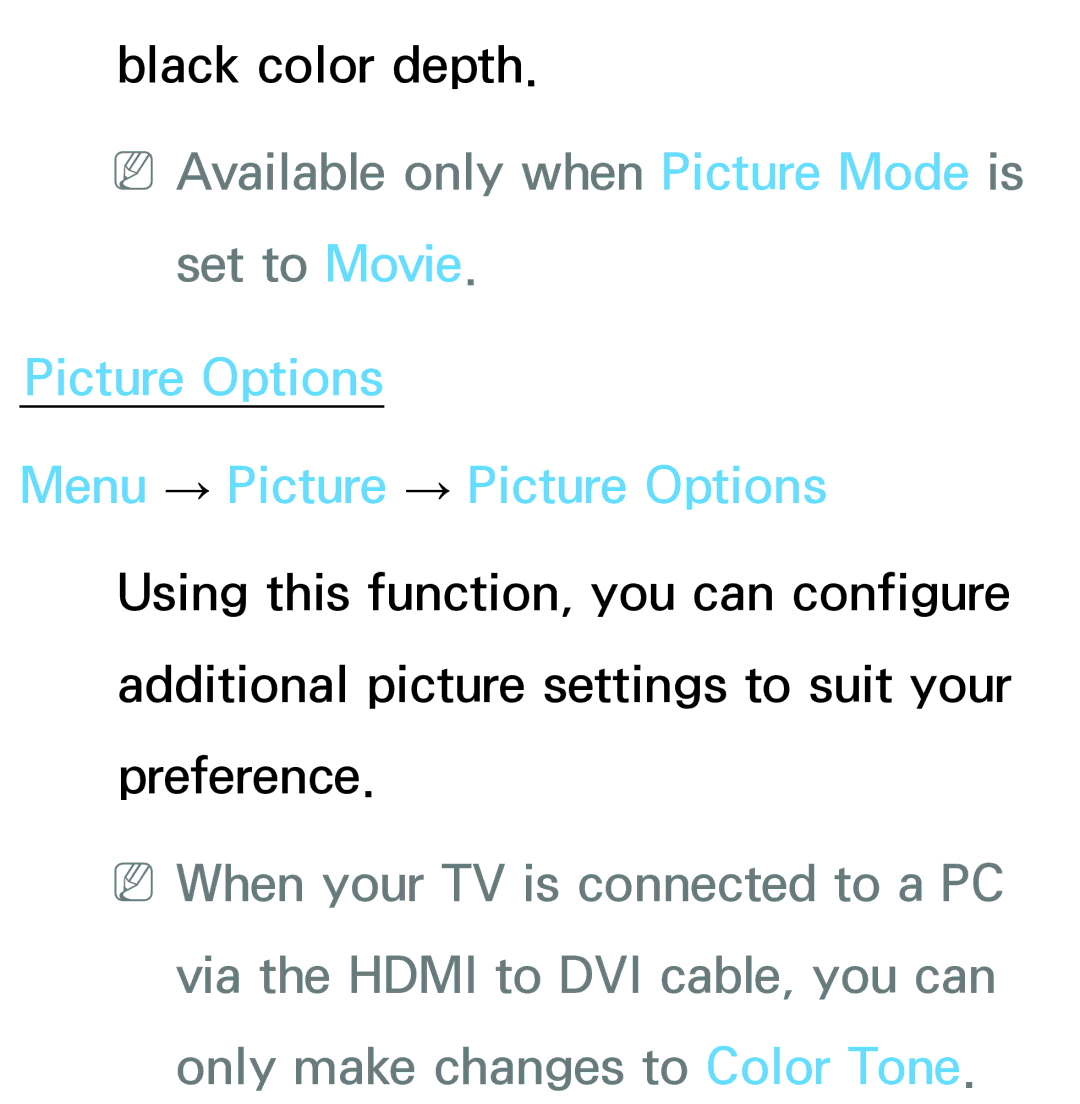 Samsung PN64E8000 manual NNAvailable only when Picture Mode is set to Movie 