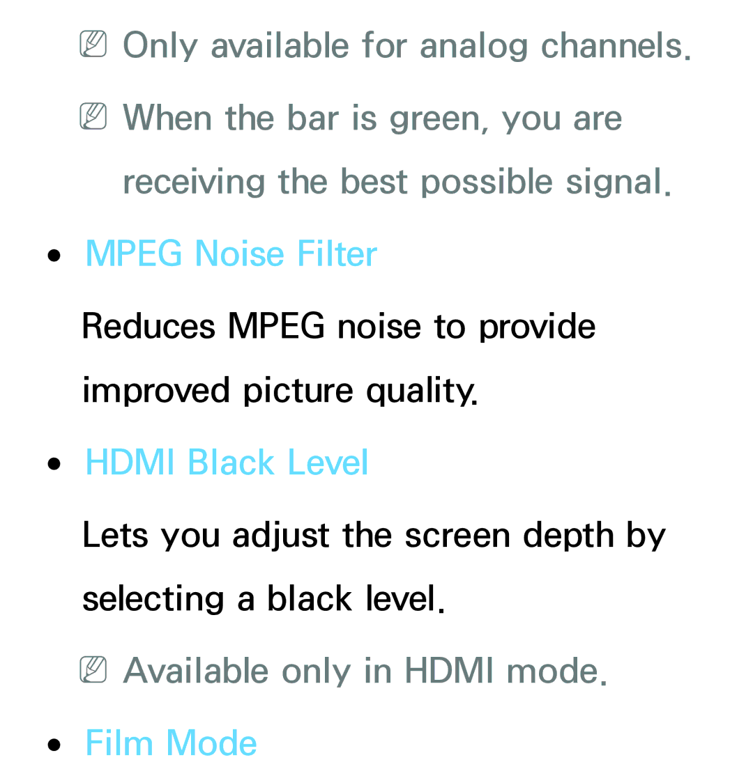 Samsung PN64E8000 manual Hdmi Black Level, NNAvailable only in Hdmi mode. Film Mode 