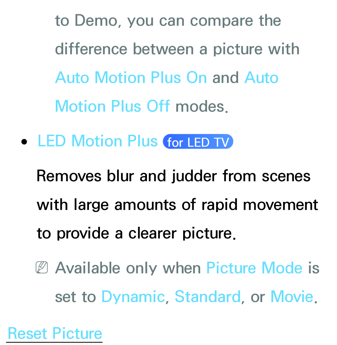 Samsung PN64E8000 manual LED Motion Plus for LED TV, Reset Picture 