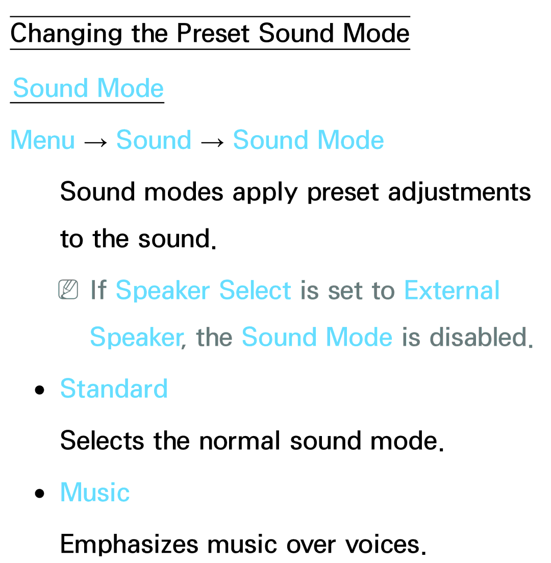 Samsung PN64E8000 manual Sound Mode Menu → Sound → Sound Mode 