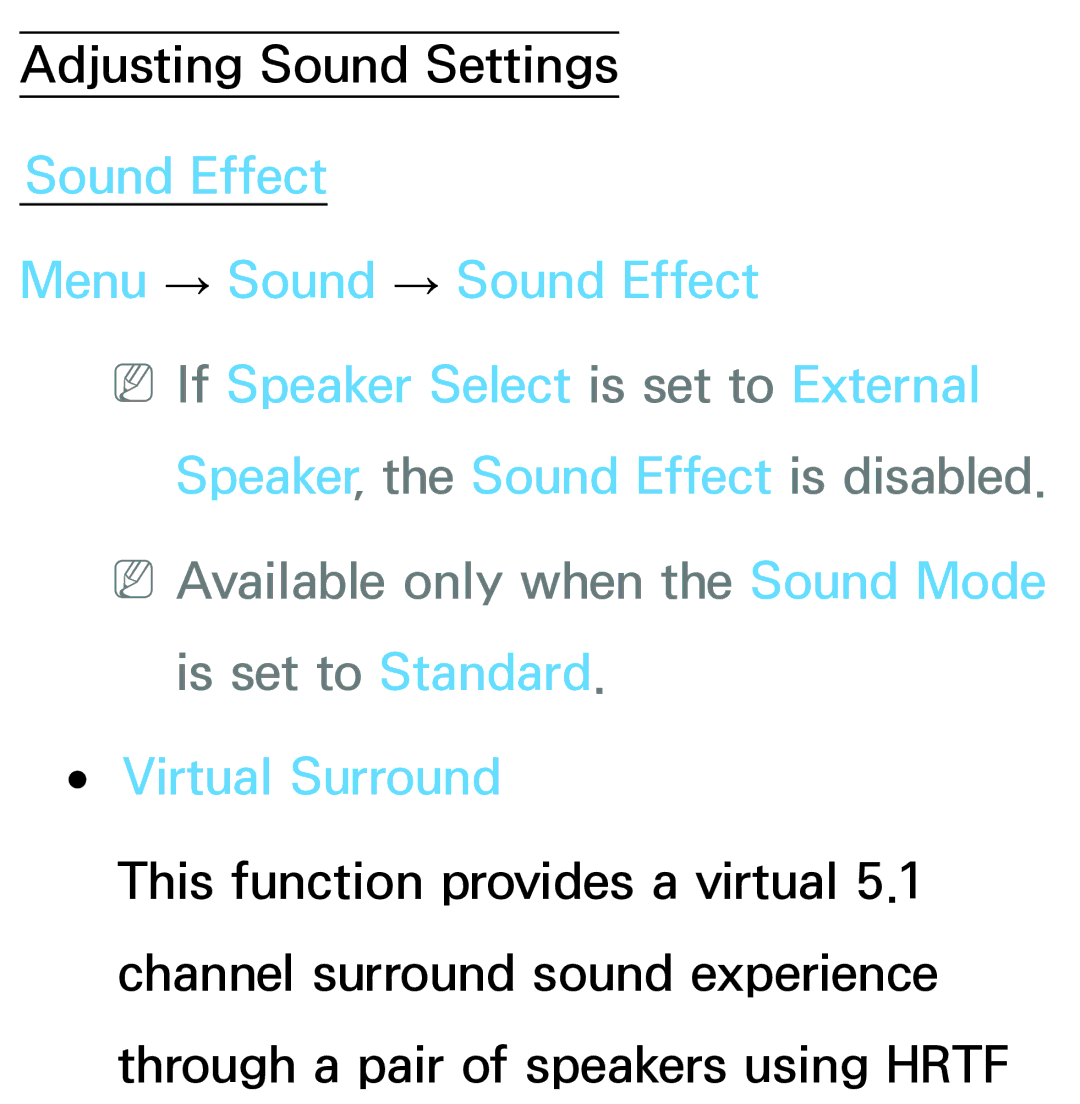 Samsung PN64E8000 manual NNAvailable only when the Sound Mode is set to Standard, Virtual Surround 