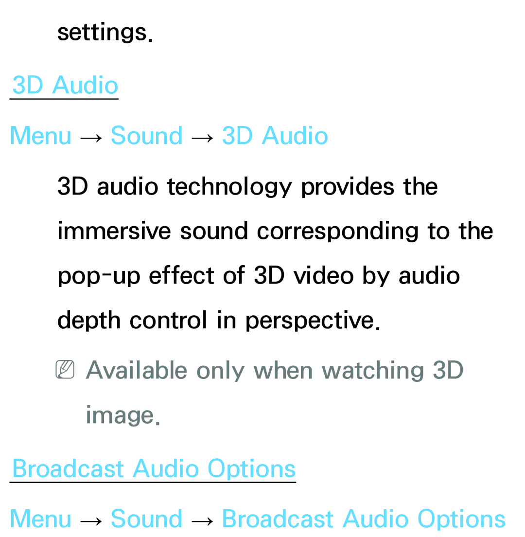 Samsung PN64E8000 manual 3D Audio Menu → Sound → 3D Audio, NNAvailable only when watching 3D image 