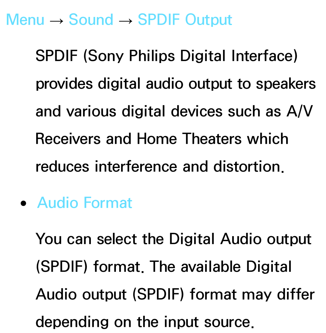 Samsung PN64E8000 manual Menu → Sound → Spdif Output, Audio Format 