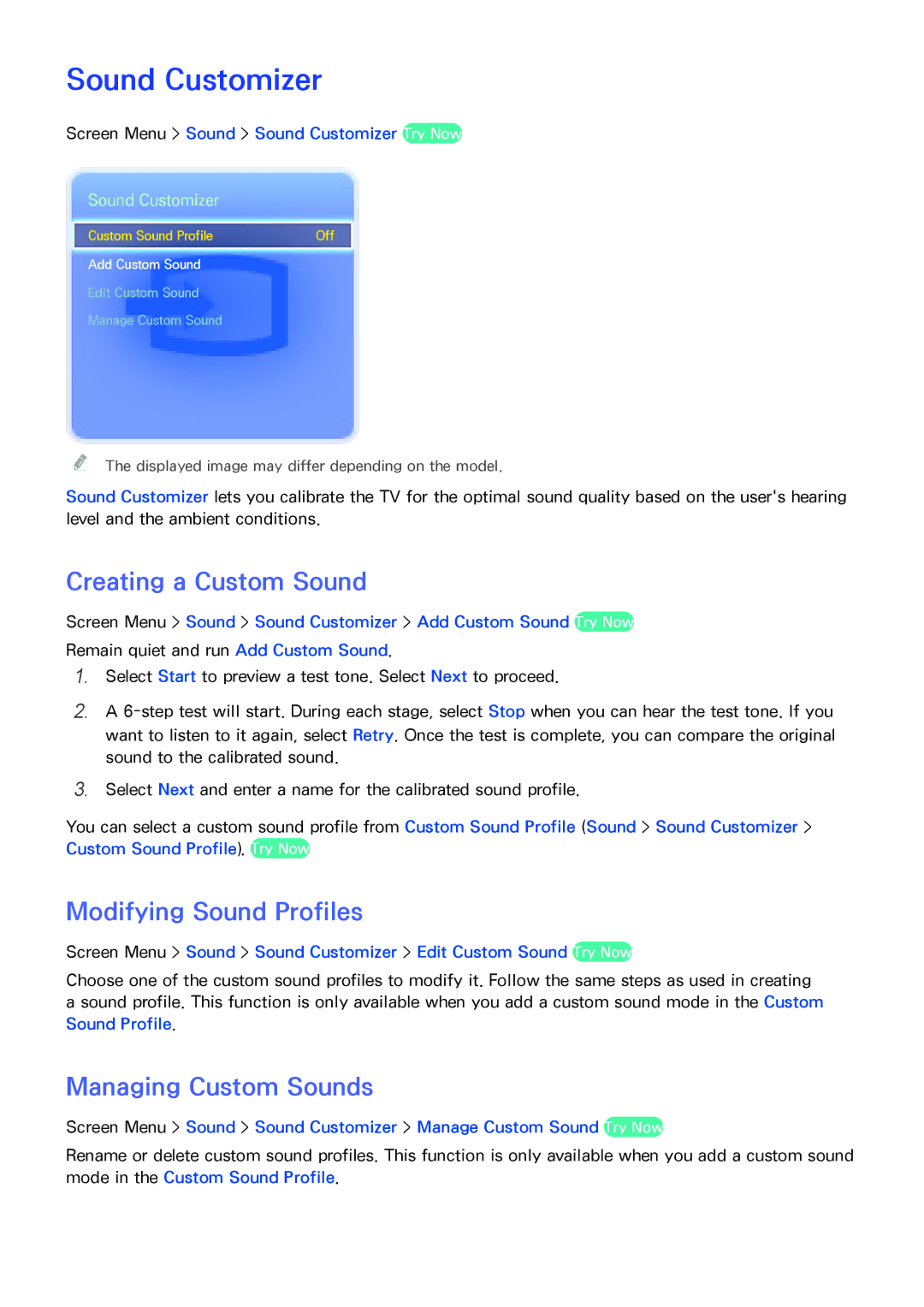 Samsung PN64F8500AF manual Sound Customizer, Creating a Custom Sound, Modifying Sound Profiles, Managing Custom Sounds 