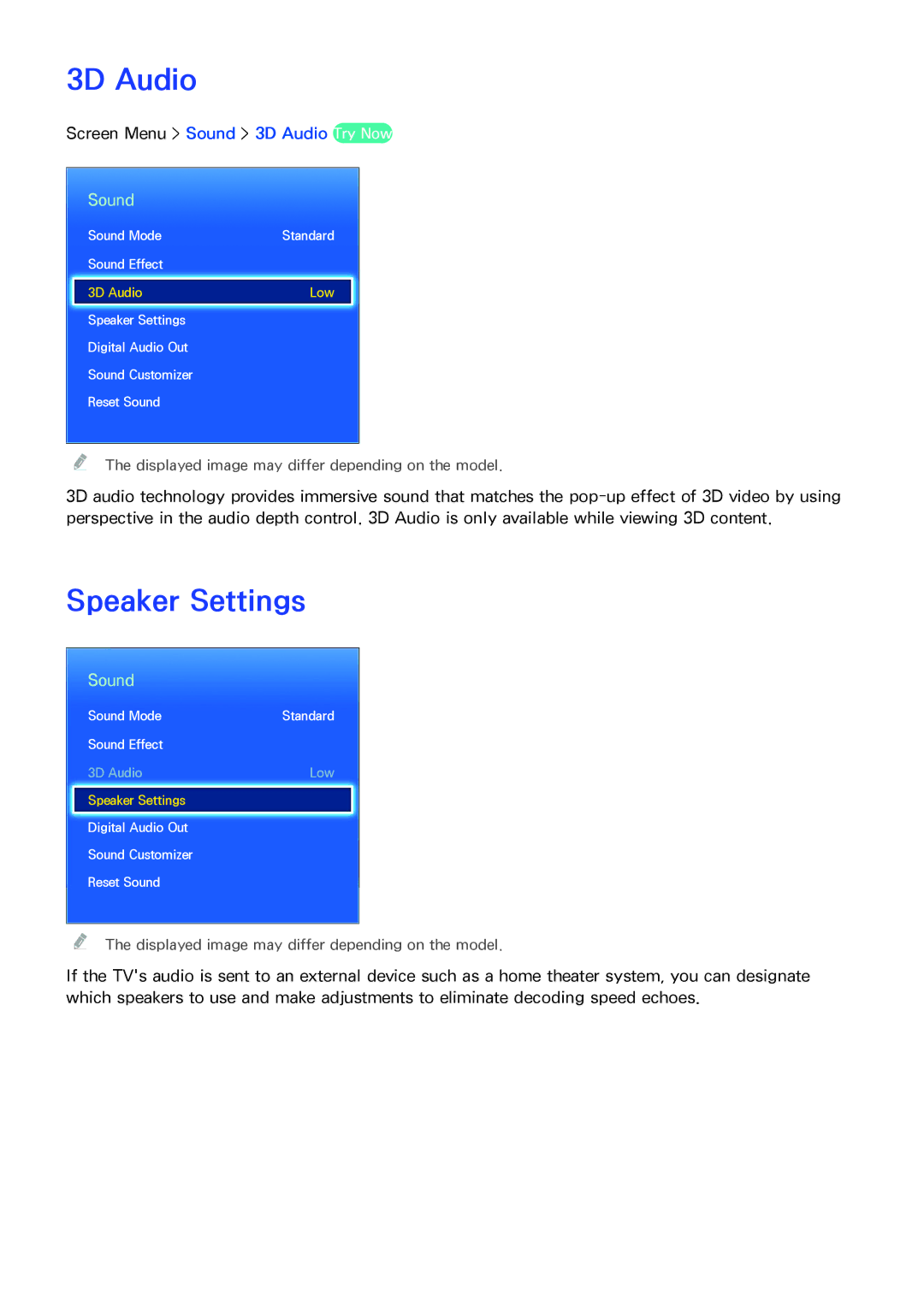 Samsung PN64F8500AF manual 3D Audio, Speaker Settings 