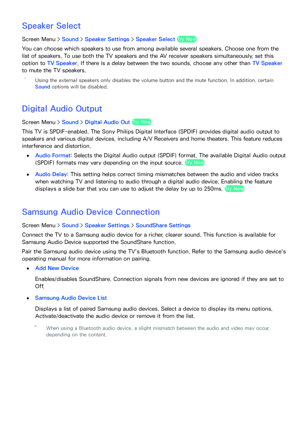 Samsung PN64F8500AF manual Speaker Select, Digital Audio Output, Samsung Audio Device Connection 