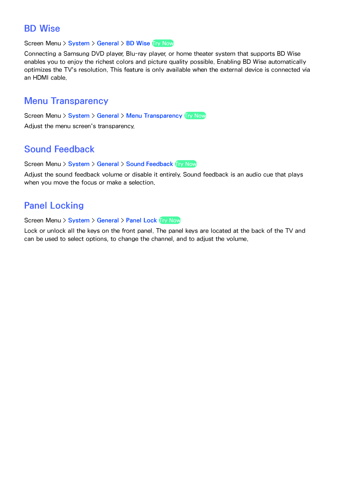 Samsung PN64F8500AF manual BD Wise, Menu Transparency, Sound Feedback, Panel Locking 
