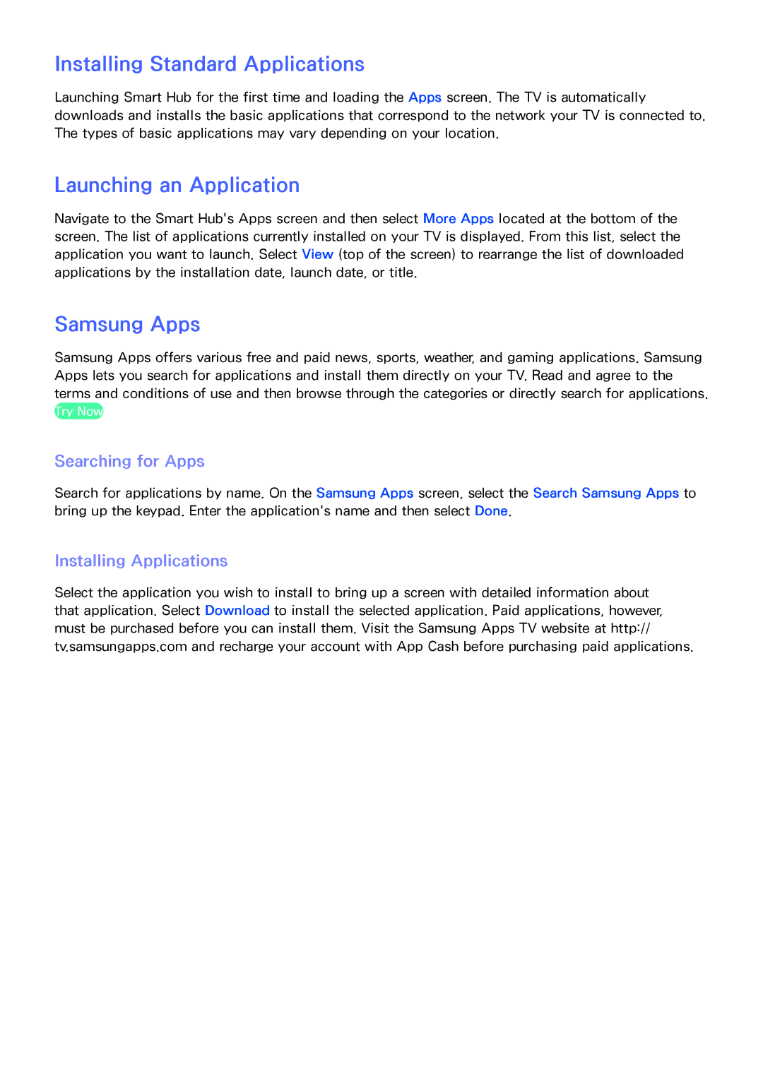 Samsung PN64F8500AF manual Installing Standard Applications, Launching an Application, Samsung Apps, Searching for Apps 