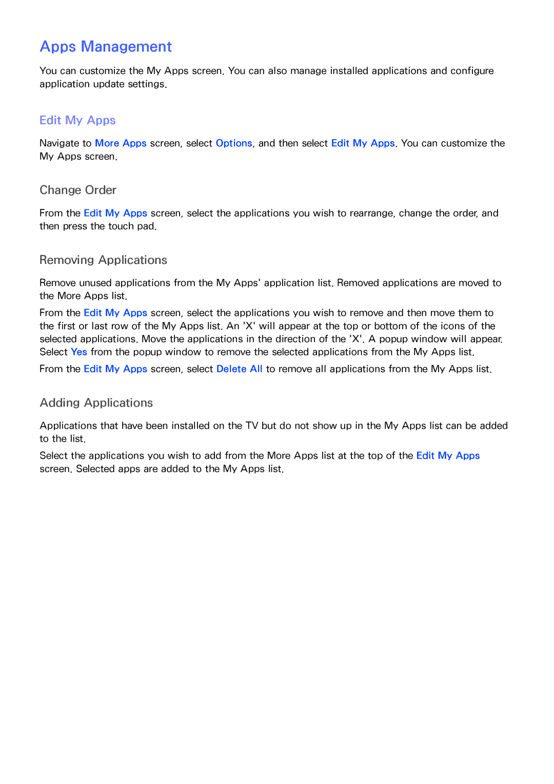 Samsung PN64F8500AF manual Apps Management, Edit My Apps 