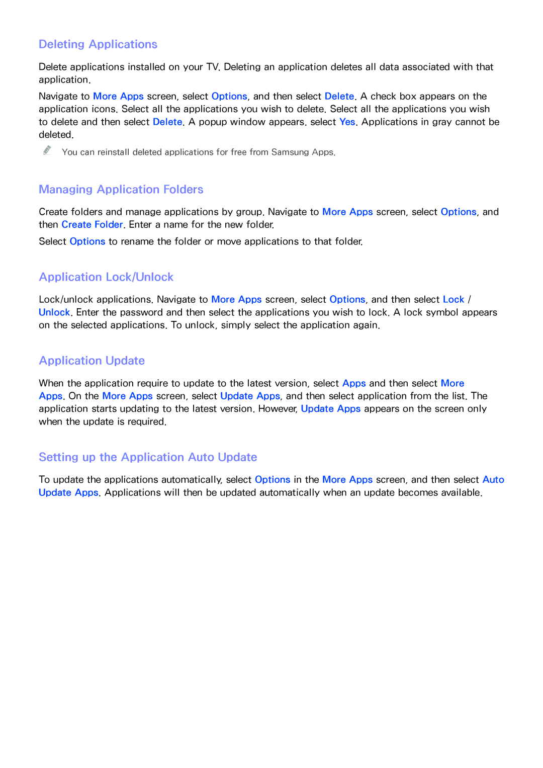 Samsung PN64F8500AF manual Deleting Applications, Managing Application Folders, Application Lock/Unlock, Application Update 
