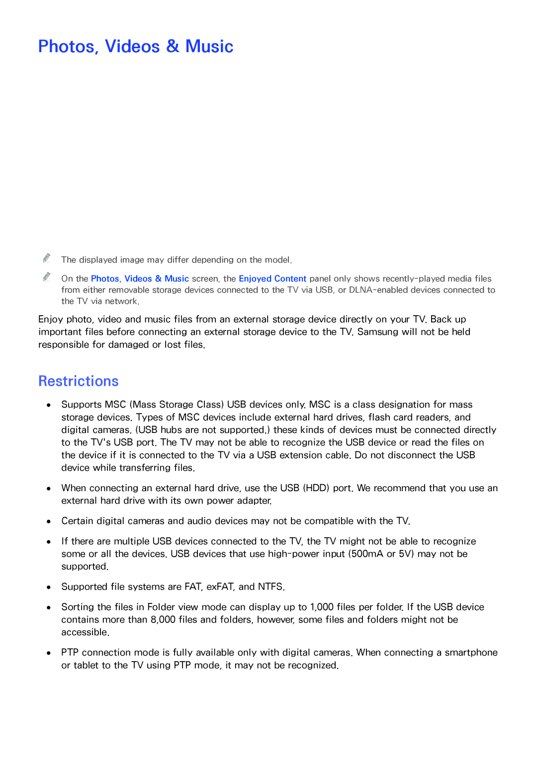 Samsung PN64F8500AF manual Photos, Videos & Music, Restrictions 