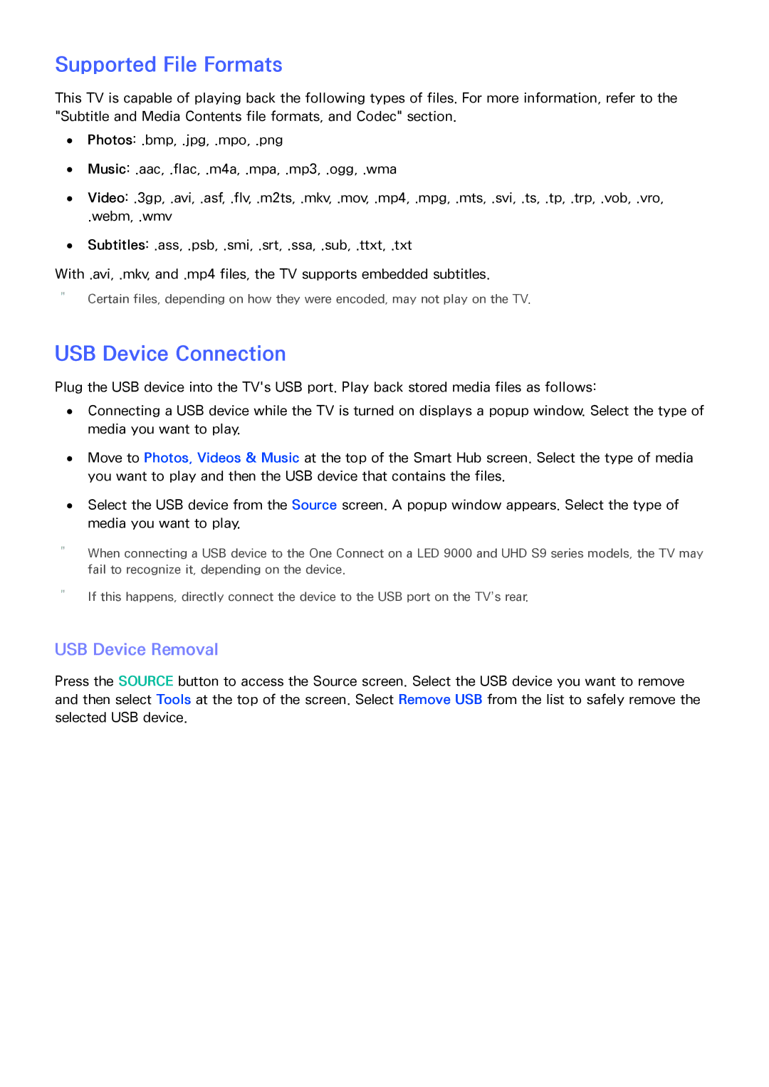 Samsung PN64F8500AF manual Supported File Formats, USB Device Connection, USB Device Removal 