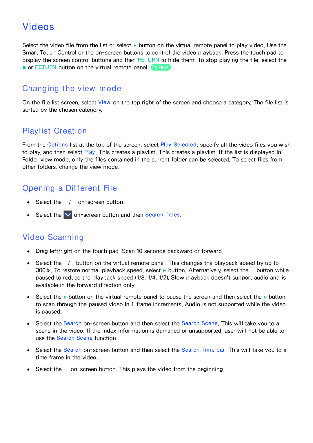 Samsung PN64F8500AF manual Videos, Changing the view mode, Playlist Creation, Opening a Different File, Video Scanning 
