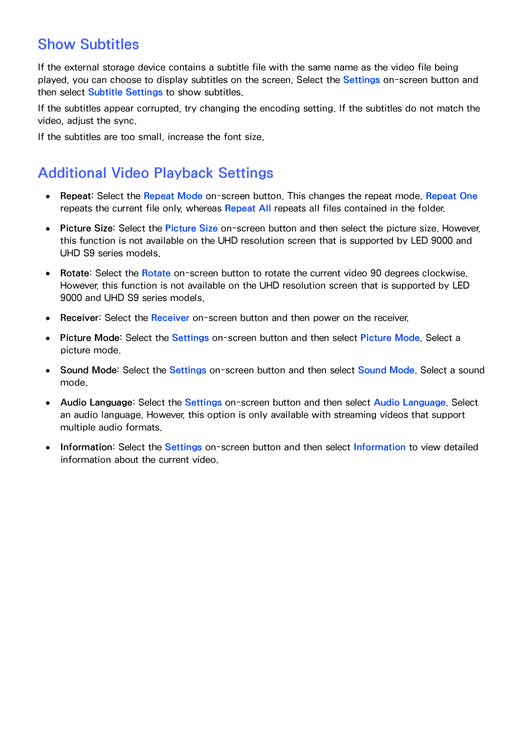 Samsung PN64F8500AF manual Show Subtitles, Additional Video Playback Settings 