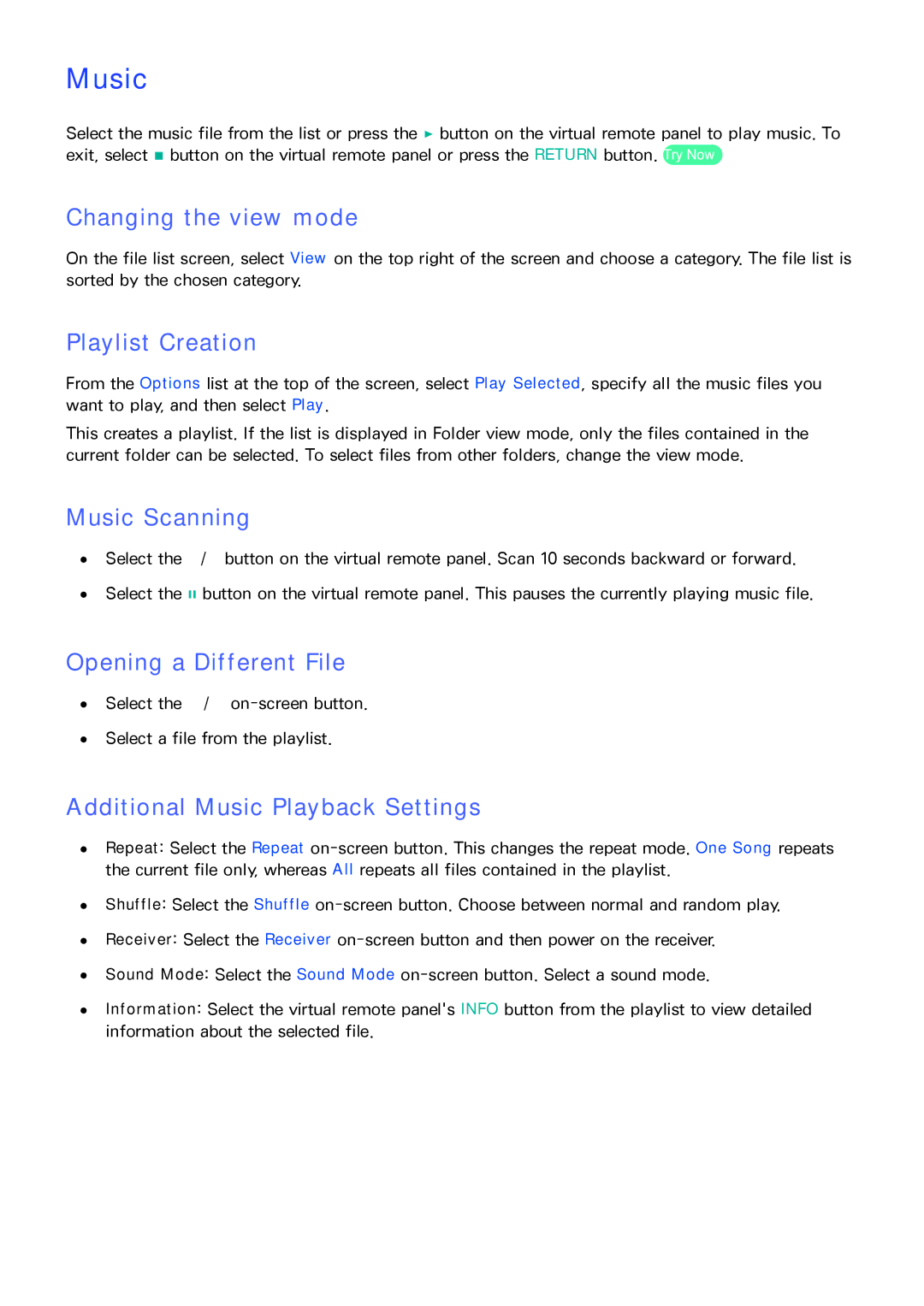 Samsung PN64F8500AF manual Music Scanning, Additional Music Playback Settings 