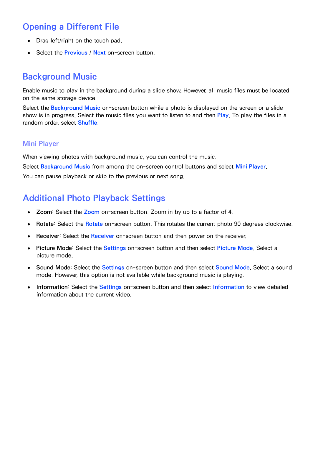 Samsung PN64F8500AF manual Background Music, Additional Photo Playback Settings, Mini Player 