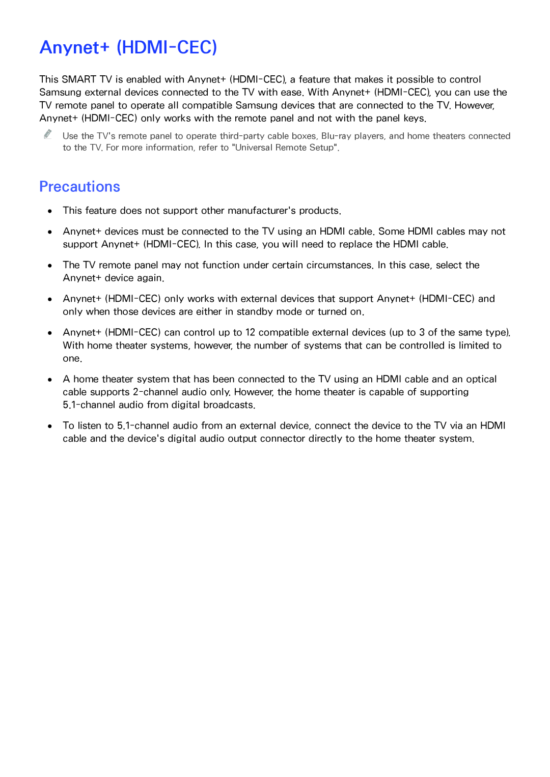 Samsung PN64F8500AF manual Anynet+ HDMI-CEC, Precautions 