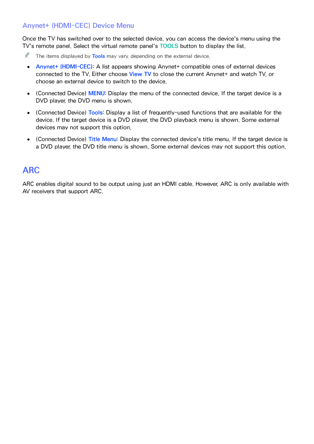 Samsung PN64F8500AF manual Arc, Anynet+ HDMI-CEC Device Menu 