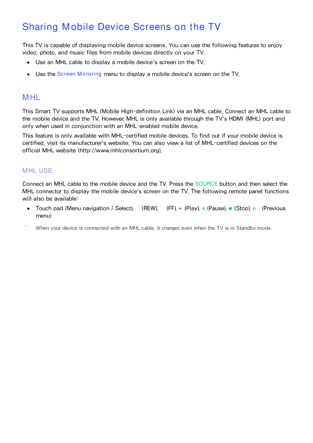 Samsung PN64F8500AF manual Sharing Mobile Device Screens on the TV, Mhl 