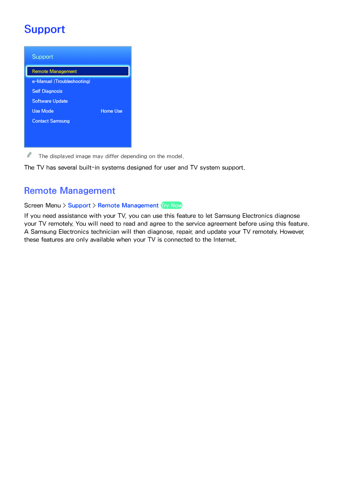 Samsung PN64F8500AF manual Screen Menu Support Remote Management Try Now 