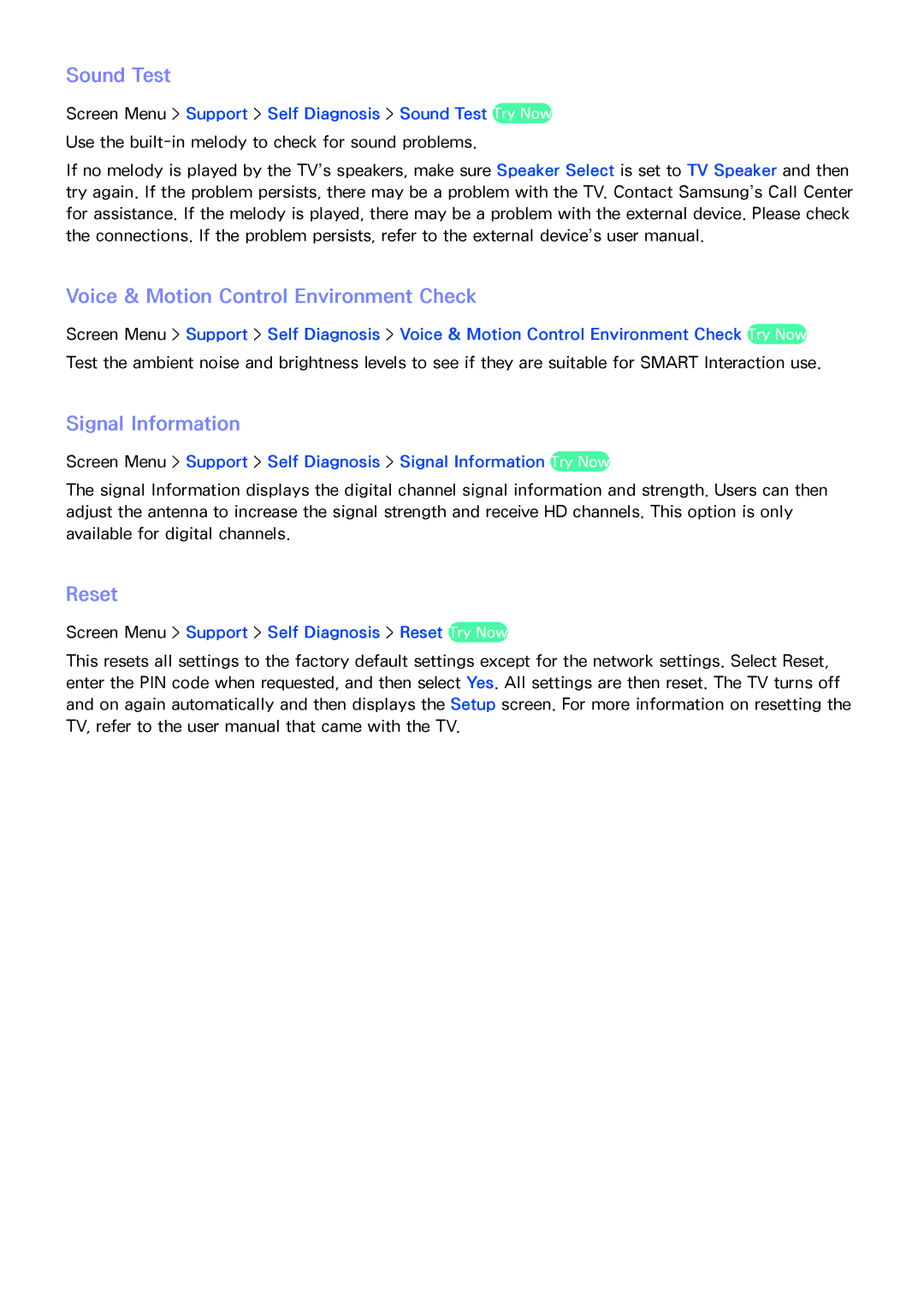 Samsung PN64F8500AF manual Sound Test, Voice & Motion Control Environment Check, Signal Information, Reset 
