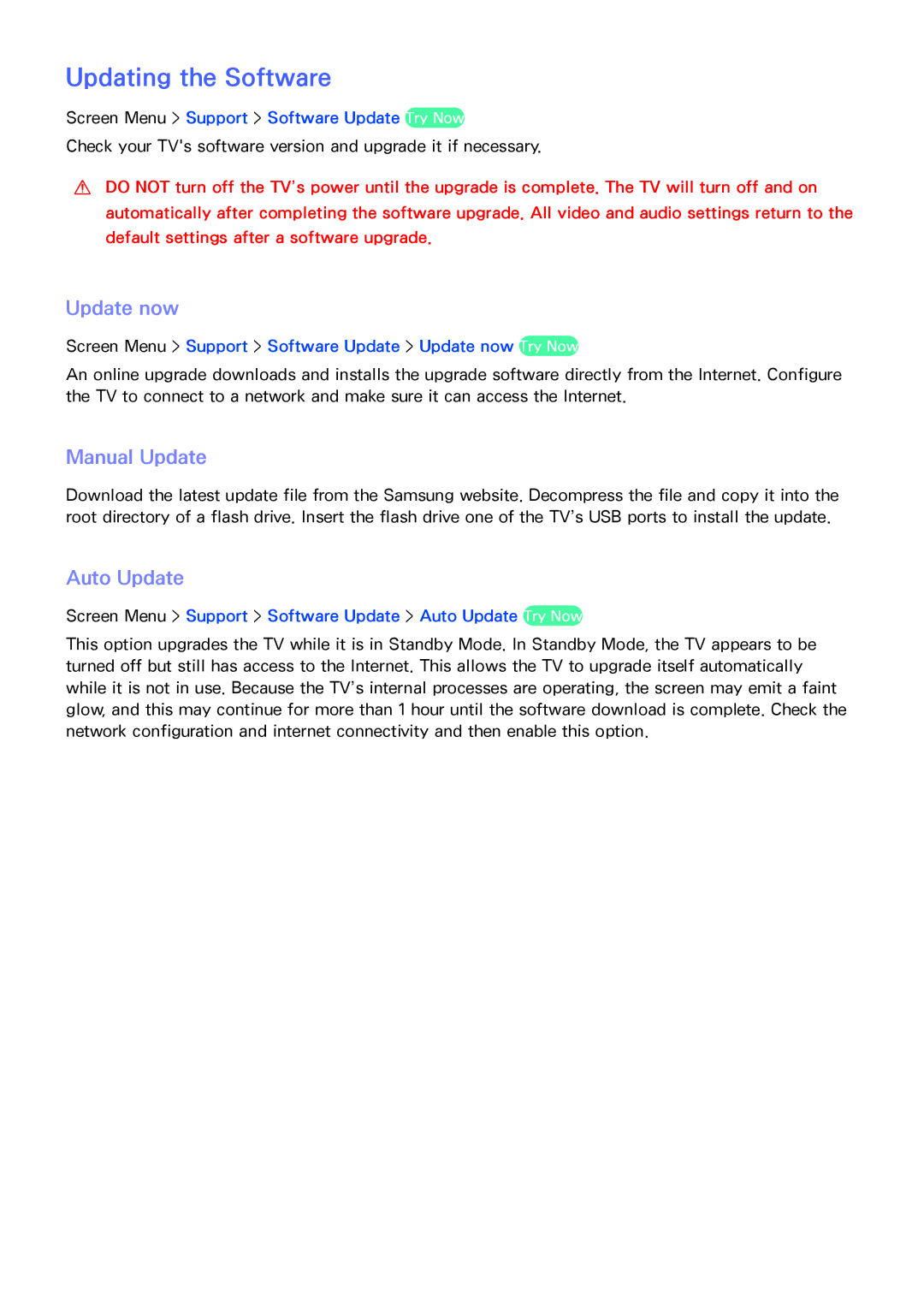 Samsung PN64F8500AF manual Updating the Software, Update now, Manual Update, Auto Update 