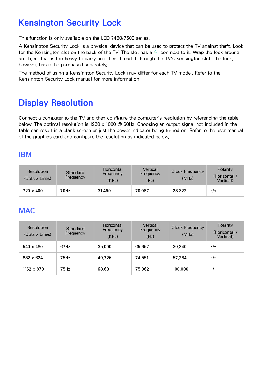 Samsung PN64F8500AF manual Kensington Security Lock, Display Resolution 