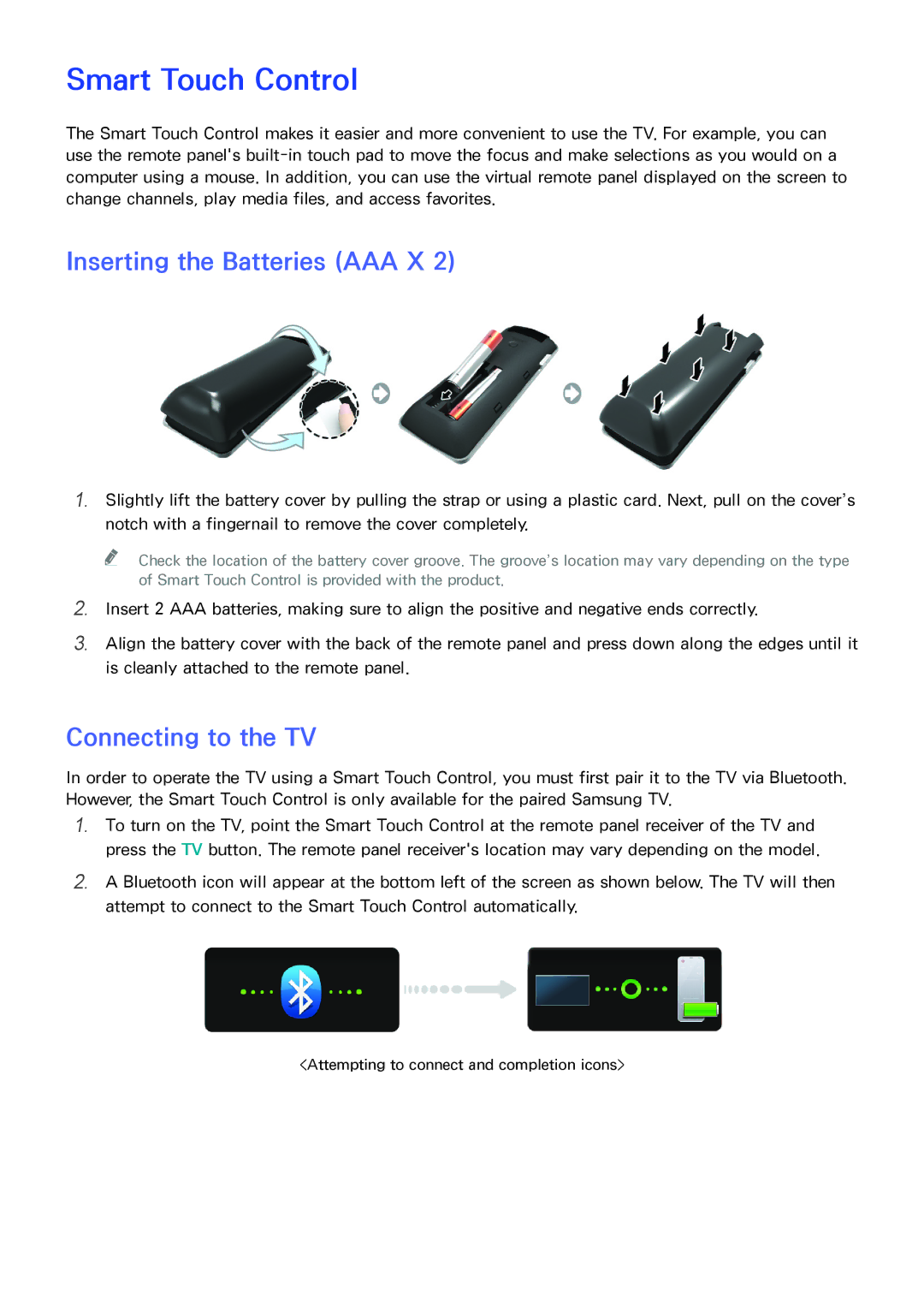 Samsung PN64F8500AF manual Smart Touch Control, Inserting the Batteries AAA X, Connecting to the TV 