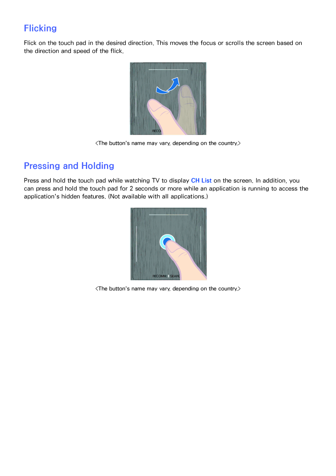 Samsung PN64F8500AF manual Flicking, Pressing and Holding 