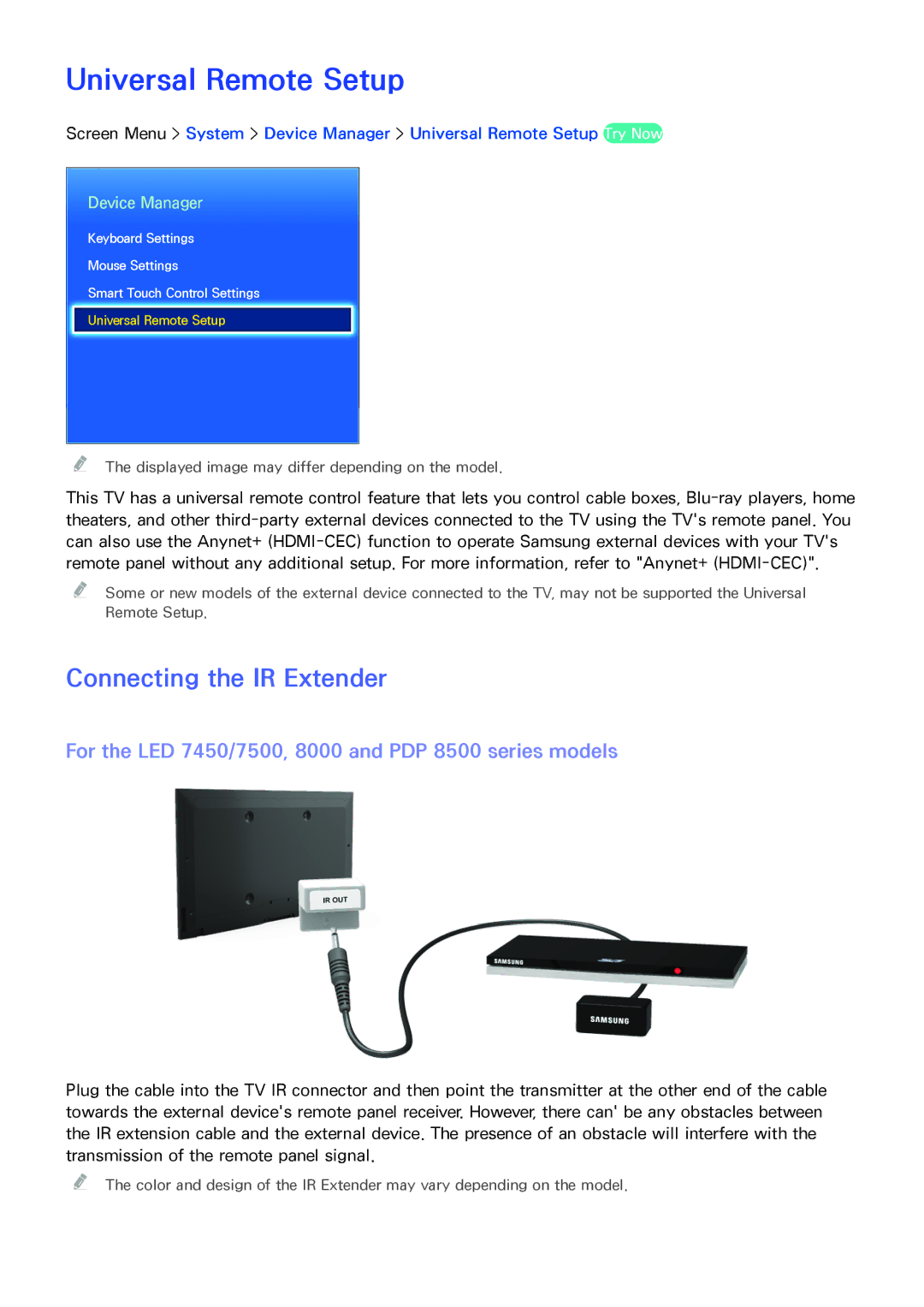 Samsung PN64F8500AF manual Universal Remote Setup, Connecting the IR Extender, Device Manager 