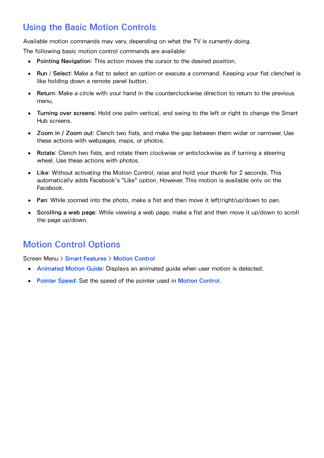 Samsung PN64F8500AF Using the Basic Motion Controls, Motion Control Options, Screen Menu Smart Features Motion Control 