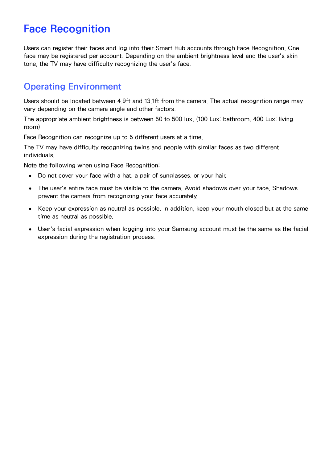 Samsung PN64F8500AF manual Face Recognition, Operating Environment 