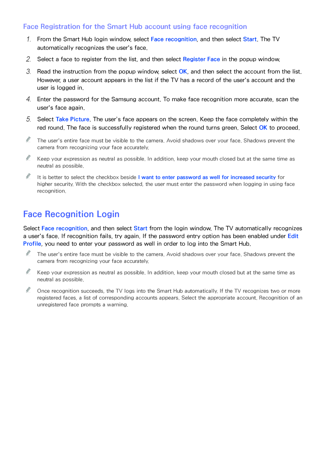 Samsung PN64F8500AF manual Face Recognition Login 