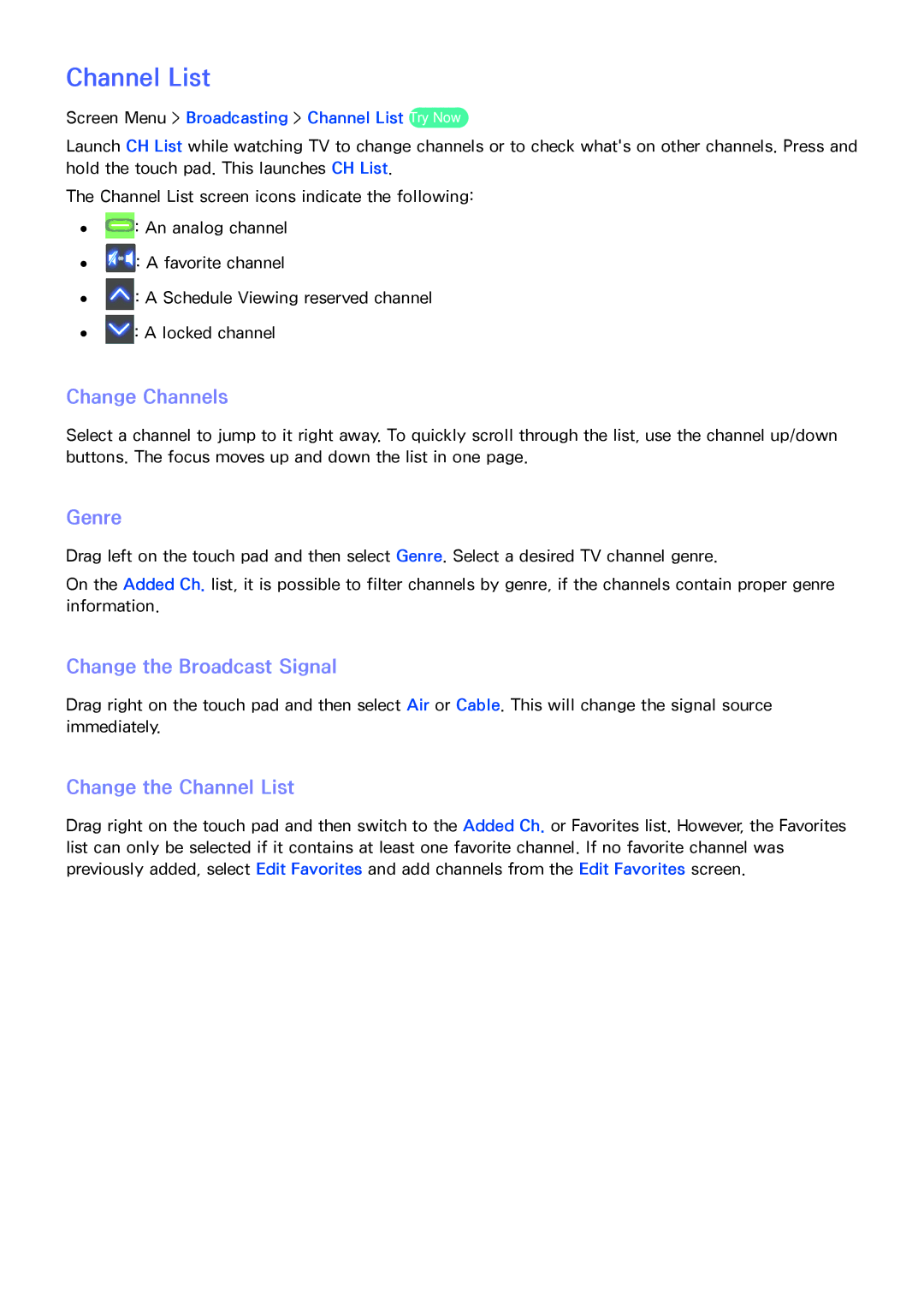 Samsung PN64F8500AF manual Genre, Change the Broadcast Signal, Change the Channel List 