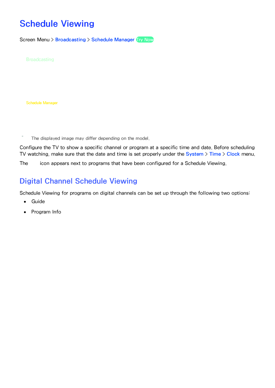 Samsung PN64F8500AF manual Digital Channel Schedule Viewing, Screen Menu Broadcasting Schedule Manager Try Now 