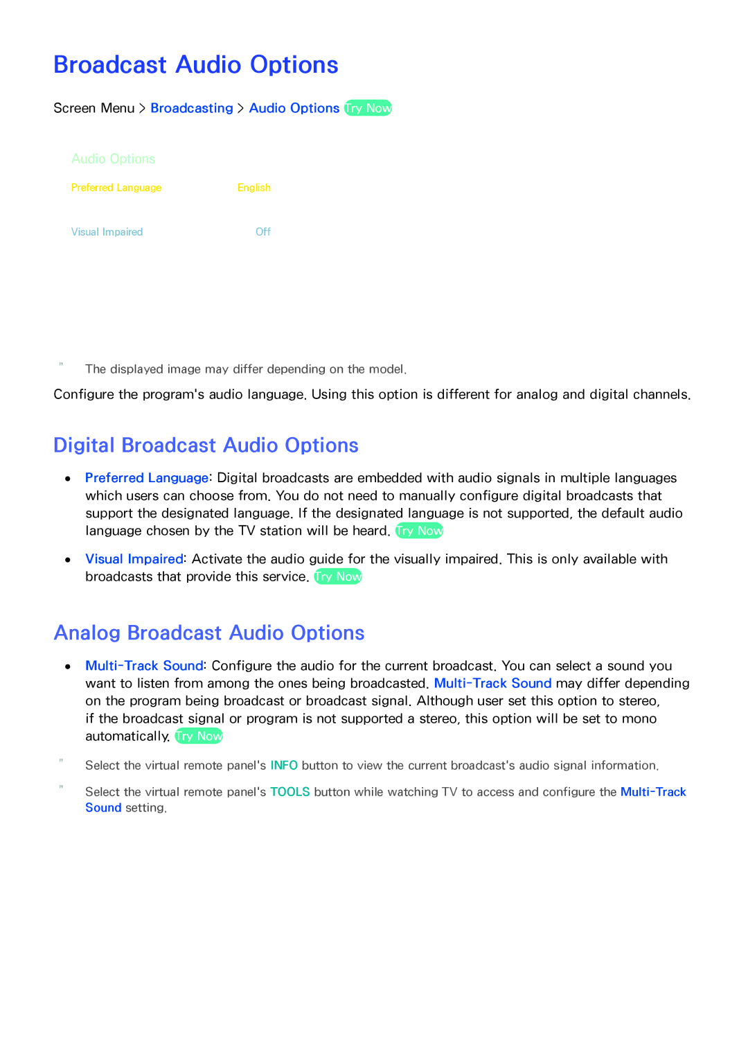 Samsung PN64F8500AF manual Digital Broadcast Audio Options, Analog Broadcast Audio Options 