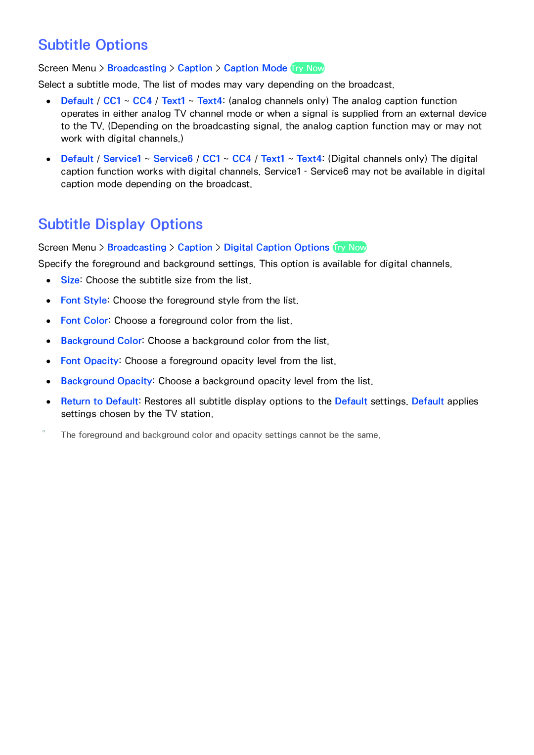 Samsung PN64F8500AF Subtitle Options, Subtitle Display Options, Screen Menu Broadcasting Caption Caption Mode Try Now 