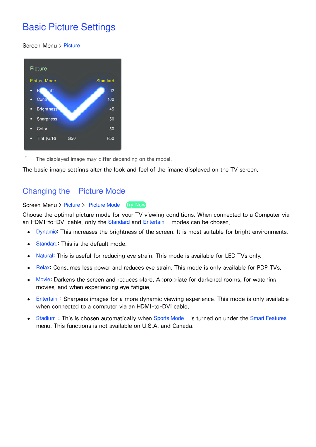 Samsung PN64F8500AF manual Basic Picture Settings, Changing the Picture Mode, Screen Menu Picture Picture Mode Try Now 