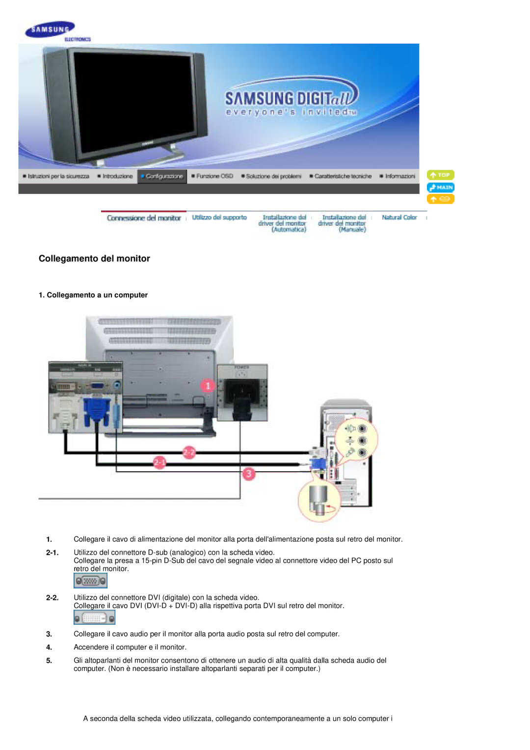 Samsung PO24FSSSS/EDC, PO24FSSS/EDC manual Collegamento del monitor, Collegamento a un computer 