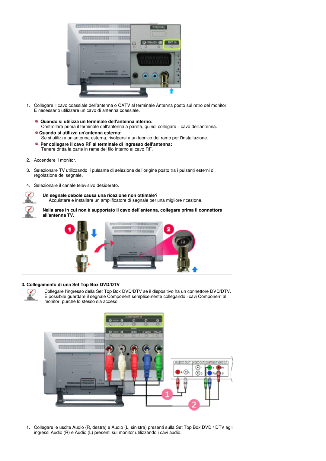 Samsung PO24FSSS/EDC manual Quando si utilizza un terminale dellantenna interno, Quando si utilizza unantenna esterna 