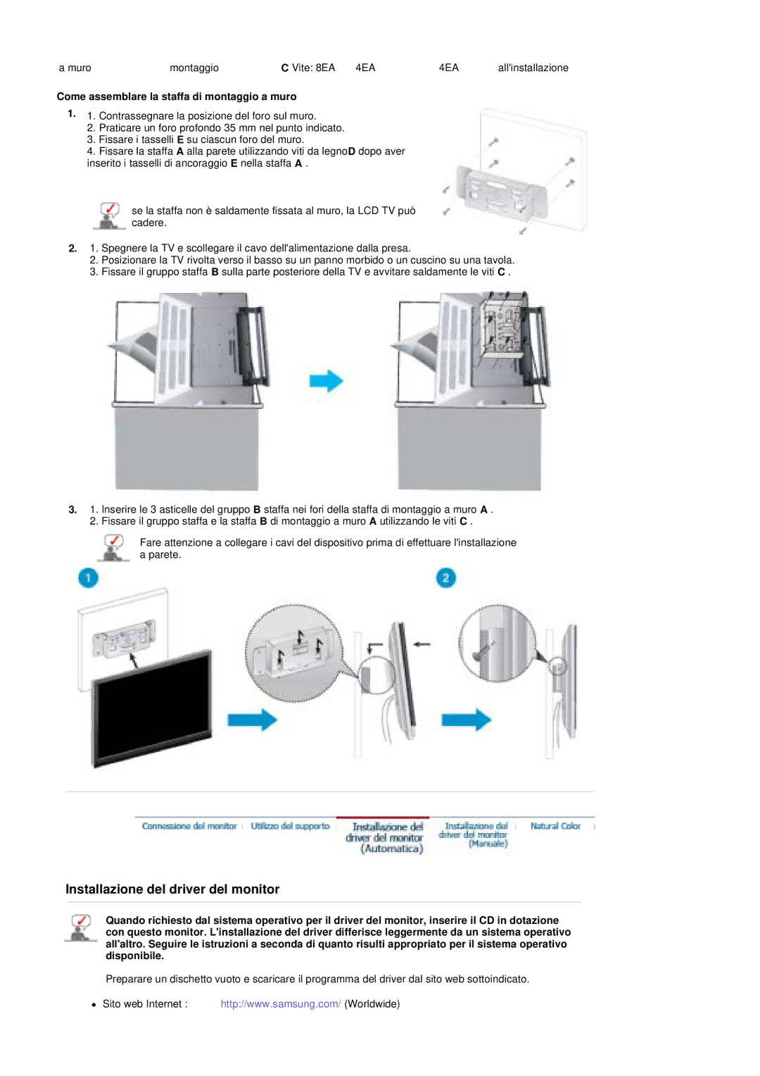 Samsung PO24FSSSS/EDC, PO24FSSS/EDC Installazione del driver del monitor, Come assemblare la staffa di montaggio a muro 