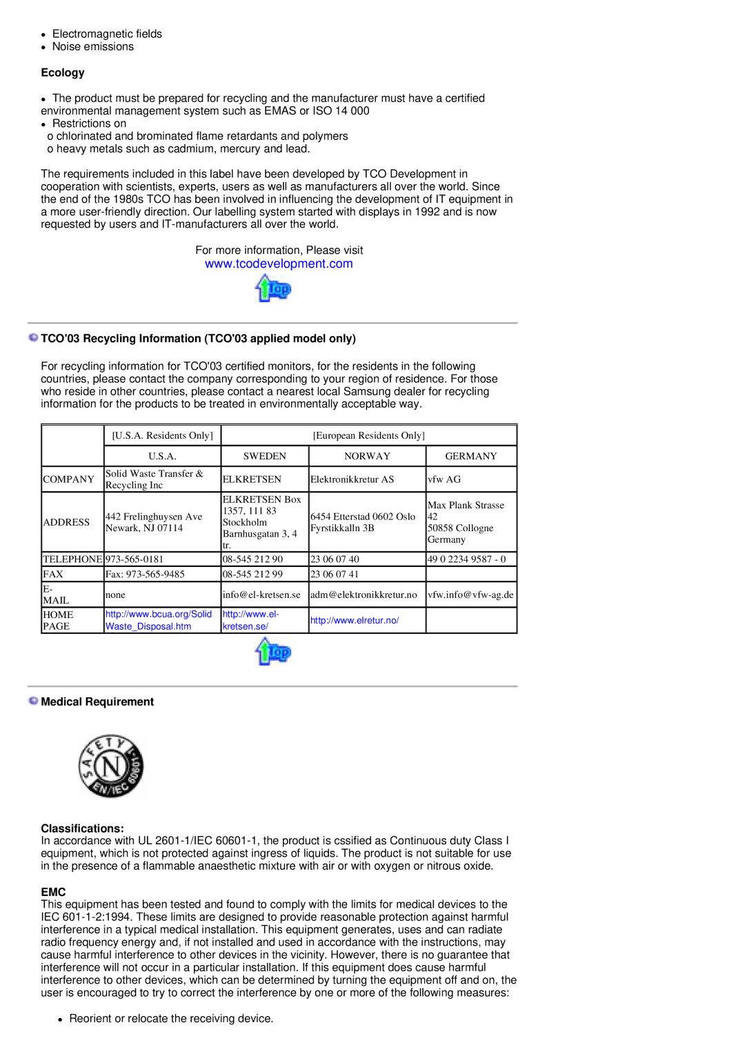 Samsung PO24FSSS/EDC Ecology, TCO03 Recycling Information TCO03 applied model only, Medical Requirement Classifications 