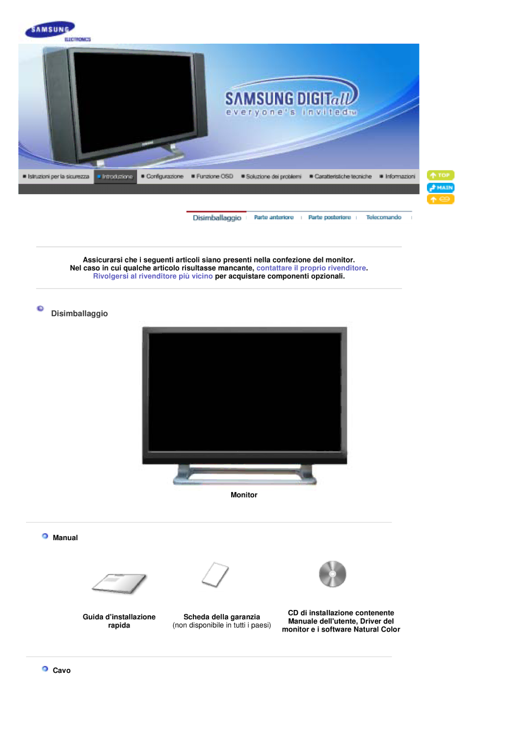 Samsung PO24FSSSS/EDC, PO24FSSS/EDC manual Disimballaggio, Monitor Manual, Non disponibile in tutti i paesi, Cavo 