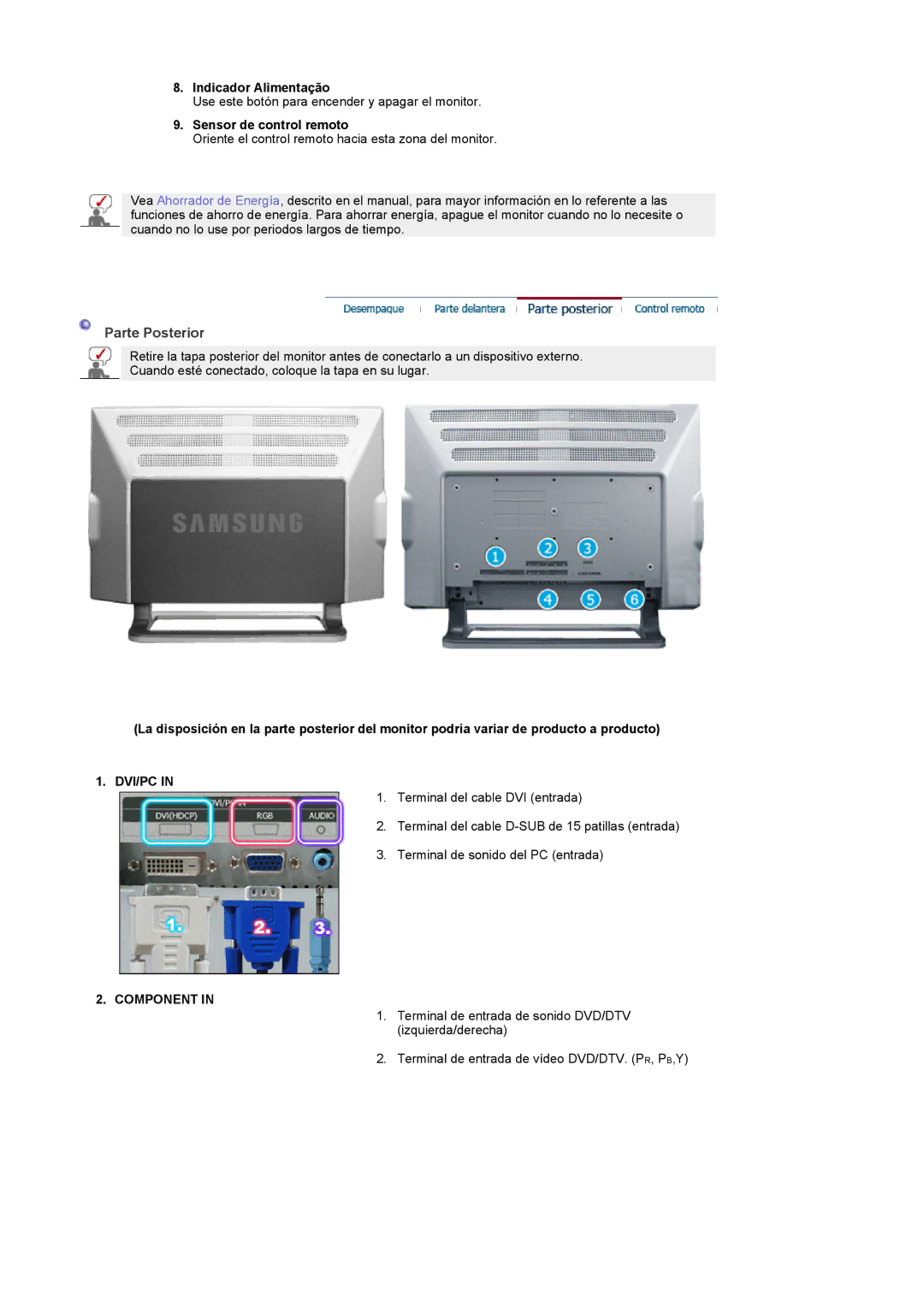 Samsung PO24FSSSS/EDC, LG24POFSSS/EDC manual Parte Posterior, Dvi/Pc, Component 